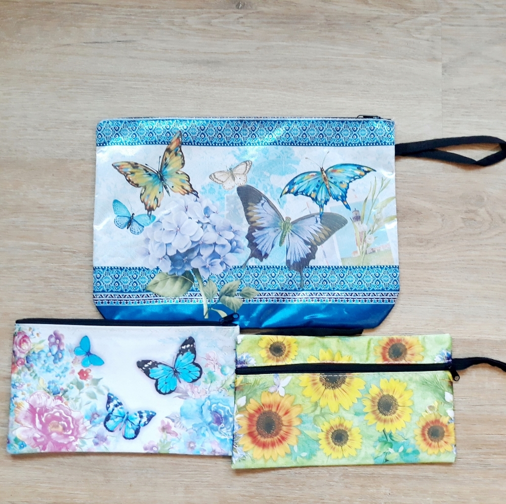 3 Floral Butterfly Cosmetic Travel Pouch with Wristlet Strap - Picture 5 of 12